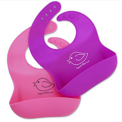 Picture of Happy Healthy Parent Silicone Baby Bibs Easily Wipe Clean! Comfortable Soft Waterproof Bib Keeps Stains Off! Set of 2 Colors (Pink/Purple)