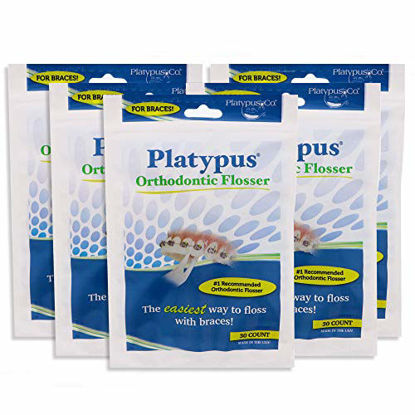 Picture of Platypus Orthodontic Flossers for Braces- Unique Structure Fits Under Arch Wire, Floss Entire Mouth in Less Than Two Minutes, Increases Flossing Compliance, Will Not Damage Braces - 30 Count Bag (Pack of 5)