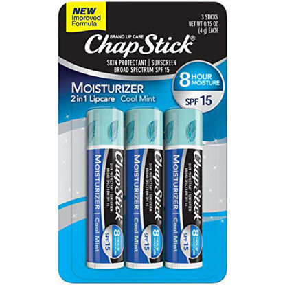 Picture of ChapStick Moisturizer (Cool Mint Flavor, 0.15 Ounce, 3 Sticks) Lip Balm Tube, Skin Protectant, Lip Care, SPF 15