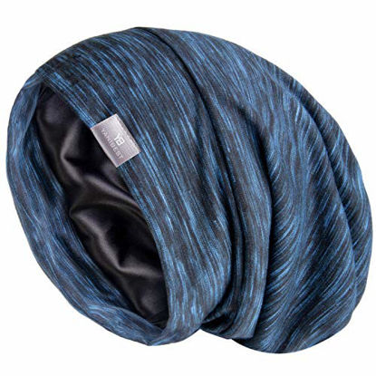 Picture of YANIBEST Hair Cover Bonnet Satin Sleep Cap - Blue Adjustable Stay on Silk Lined Slouchy Beanie Hat for Night Sleeping
