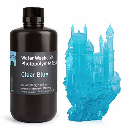Picture of ELEGOO Water Washable 3D Printer Rapid Resin LCD UV-Curing Resin 405nm Standard Photopolymer Resin for LCD 3D Printing 1000Gram Clear Blue