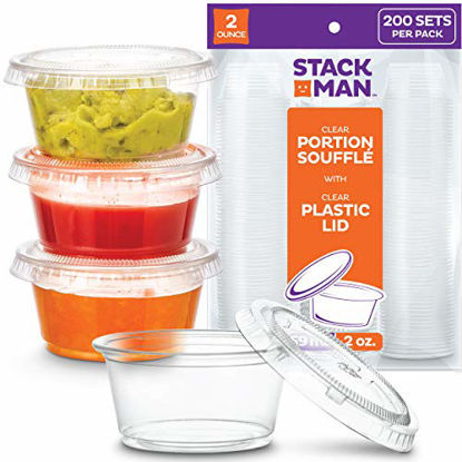 Picture of [200 Sets - 2 oz.] Small Plastic Containers with Lids, Jello Shot Cups, Condiment Cups, 2oz Dipping Sauce & Salad Dressing Container, Disposable Mini Plastic Portion Souffle Cups Ramekins, Pudding Cup