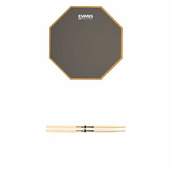 Picture of Evans Realfeel 1-Sided Practice Pad, 12 Inch & Promark American Hickory Classic 5A Drumsticks, Single Pair