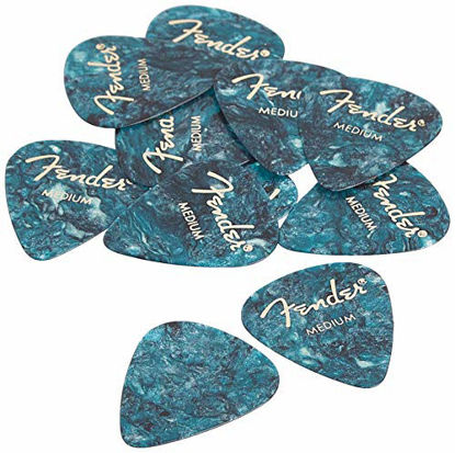 Picture of Fender 351 Shape Classic Medium Celluloid Picks, 12 Pack, Ocean Turquoise for electric guitar, acoustic guitar, mandolin, and bass