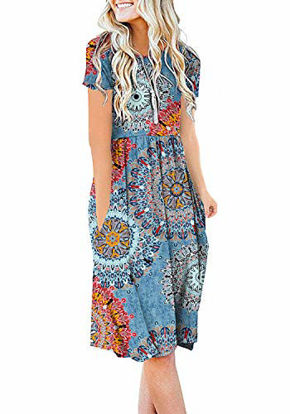 Picture of DB MOON Women Summer Casual Short Sleeve Dresses Empire Waist Dress with Pockets (Flower Mix Blue, XL)