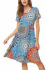 Picture of DB MOON Women Summer Casual Short Sleeve Dresses Empire Waist Dress with Pockets (Flower Mix Blue, XL)