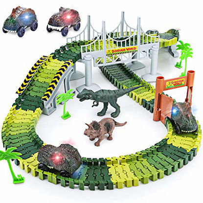 Picture of Dinosaur Toys,156pcs Create A Dinosaur World Road Race,Flexible Track Playset and 2 pcs Cool Dinosaur car for 3 4 5 6 Year & Up Old boy Girls Best Gift