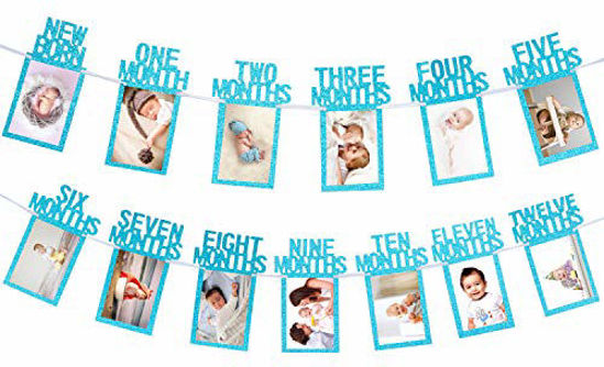 Picture of Whaline 1st Birthday Baby Photo Banner for Newborn to 12 Months, Monthly Milestone Photograph Bunting Garland, First Birthday Celebration Decoration (Blue)