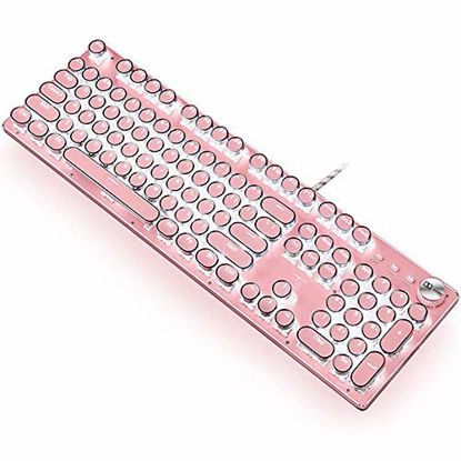 Picture of Gaming Keyboard,Retro Punk Typewriter-Style, Blue Switches, White Backlight, USB Wired, for PC Laptop Desktop Computer, for Game and Office, Stylish Pink Mechanical Keyboard (Round Keycaps)