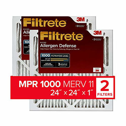 Picture of Filtrete 24x24x1, AC Furnace Air Filter, MPR 1000, Micro Allergen Defense, 2-Pack (exact dimensions 23.81 x 23.81 x 0.81)