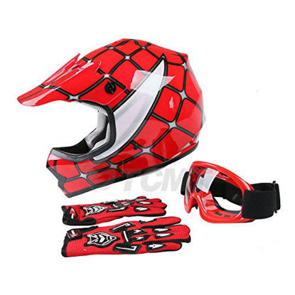 Picture of TCMT Dot Youth & Kids Motocross Offroad Street Helmet Red Spider Motorcycle Youth Helmet Dirt Bike Motocross ATV Helmet+Goggles+Gloves XL