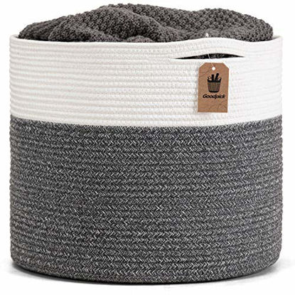Picture of Goodpick Large Cotton Rope Basket 15.8"x15.8"x13.8"-Baby Laundry Basket Woven Blanket Basket Nursery Bin, Gray
