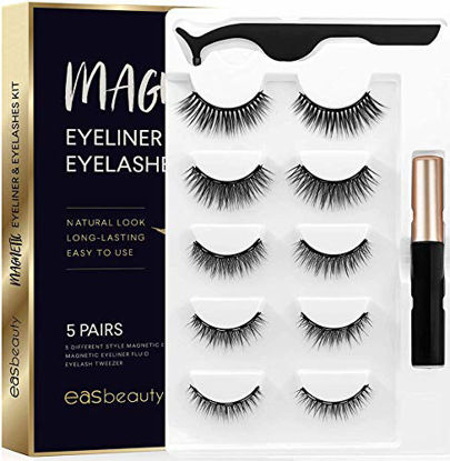 Picture of easbeauty 2020 Upgraded Magnetic Eyeliner and Eyelashes Kit, Magnetic Eyelashes with Eyeliner, False Lashes 5 Pairs with Tweezers, Easy to Wear