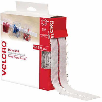 Picture of VELCRO Brand - Sticky Back Hook and Loop Fasteners - Peel and Stick Permanent Adhesive Tape Keeps Classrooms, Home, and Offices Organized - Cut-to-Length Roll | 15ft x 3/4in Tape | White