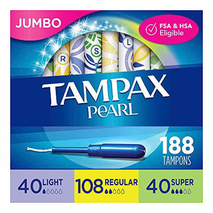 Picture of Tampax Pearl Plastic Tampons, Light/Regular/Super Absorbency Multipack, 188 Count, Unscented (47 Count, Pack of 4 - 188 Count Total) - Packaging May Vary