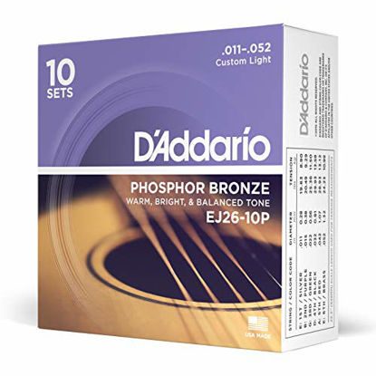 Picture of DAddario EJ26 Phosphor Bronze Acoustic Guitar Strings, Custom Light (10 Pack) - Corrosion-Resistant Phosphor Bronze, Offers a Warm, Bright and Well-Balanced Acoustic Tone and Comfortable Playability