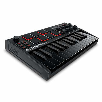 Picture of AKAI Professional MPK Mini MK3 | 25 Key USB MIDI Keyboard Controller With 8 Backlit Drum Pads, 8 Knobs and Music Production Software included (Black)