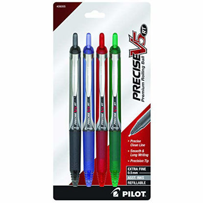 Picture of PILOT Precise V5 RT Refillable & Retractable Liquid Ink Rolling Ball Pens, Extra Fine Point (0.5mm) Black/Blue/Red/Green Inks, 4-Pack (26055)