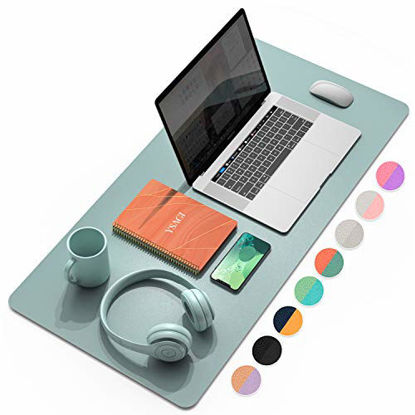 Picture of YSAGi Multifunctional Office Desk Pad, Ultra Thin Waterproof PU Leather Mouse Pad, Dual Use Desk Writing Mat for Office/Home (31.5" x 15.7", Glaucous Green+Orange)
