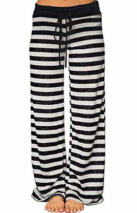 Picture of AMiERY Womens High Waisted Pants Soft Stretch Sleep Juniors Pants Pajamas Bottoms Wide Leg Pants Joggers Lounge Palazzo Pants Striped Black M