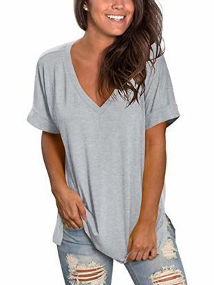 Picture of Juniors Short Sleeve Deep V Neck Shirt Basic Tees Casual Top Grey S