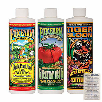 Picture of FoxFarm Liquid Nutrient Trio Soil Formula: Big Bloom, Grow Big, Tiger Bloom (Pack of 3-16 oz Bottles) 1 Pint Each + Twin Canaries Chart