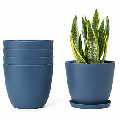 Picture of Mkono Plastic Planters with Saucers, Indoor Set of 5 Flower Plant Pots Modern Decorative Gardening Pot with Drainage for All House Plants, Herbs, Foliage Plant, and Seeding Nursery, Blue, 6.5"