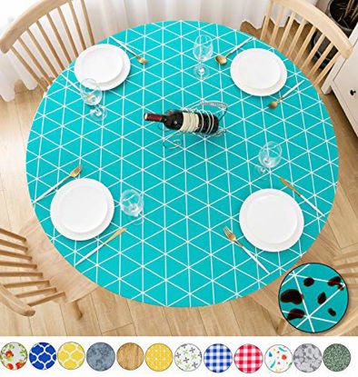Picture of Rally Home Goods Indoor Outdoor Patio Round Fitted Vinyl Tablecloth, Flannel Backing, Elastic Edge, Waterproof Wipeable Plastic Cover, Triangular Green Teal Patterns for 6-Seat Table of 43-56 Diam