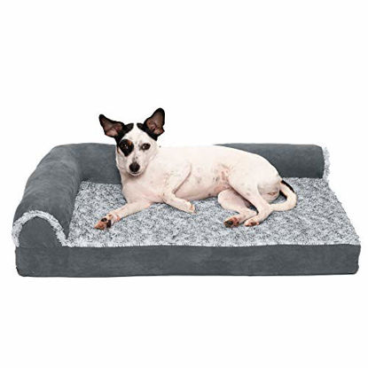 Picture of Furhaven Pet Dog Bed - Deluxe Memory Foam Two-Tone Plush and Suede L Shaped Chaise Lounge Living Room Corner Couch Pet Bed with Removable Cover for Dogs and Cats, Stone Gray, Medium