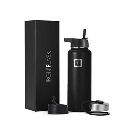 Picture of Iron Flask Sports Water Bottle - 14 Oz, 3 Lids (Straw Lid), Vacuum Insulated Stainless Steel, Hot Cold, Modern Double Walled, Simple Kids Thermo Mug, Hydro Metal Canteen (Black)