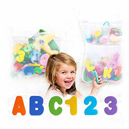 Picture of Two Tub Cubby Bath Toy Organizers + 36 ABC Soft Foam Letter & Numbers & Ducky - Mesh Net Bag - Baby Bathtub Game Holder - Bathroom Storage & Shower Caddy Toddler Tray - Kid Safety Award