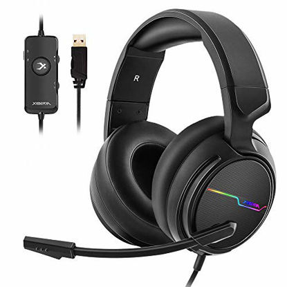 Picture of Jeecoo Xiberia USB Pro Gaming Headset for PC- 7.1 Surround Sound Headphones with Noise Cancelling Microphone- Memory Foam Ear Pads RGB Lights for Laptops