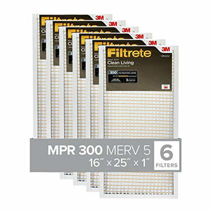 Picture of Filtrete 16x25x1, AC Furnace Air Filter, MPR 300, Clean Living Basic Dust, 6-Pack (exact dimensions 15.69 x 24.69 x 0.81)