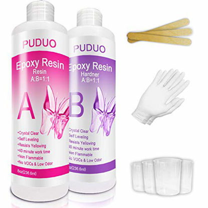 Picture of Epoxy-Resin-Crystal-Clear-Kit for Art, Jewelry, CraftsCoating- 16 OZ Including 8OZ Resin and 8OZ Hardener | Bonus 4 pcs Graduated Cups, 3pcs Sticks, 1 Pair Rubber Gloves by Puduo