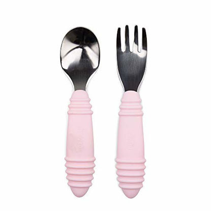 Picture of Bumkins Utensils, Silicone and Stainless Steel Baby Fork and Spoon Set, Toddler Silverware, Self Feeding - Pink