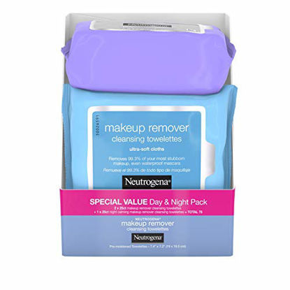 Picture of Neutrogena Day & Night Wipes with Makeup Remover Face Cleansing Towelettes & Night Calming Facial Cloths, Alcohol-Free Wipes to Remove Dirt, Oil & Waterproof Mascara, 3 Packs of 25 ct, 75 ct