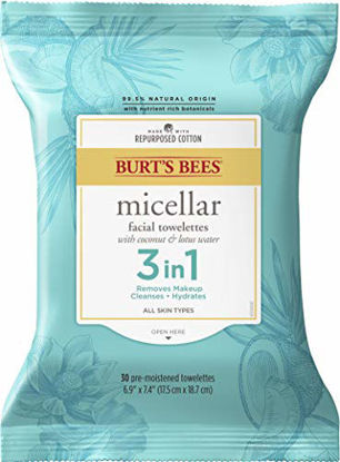 Picture of Burts Bees 3 in 1 Micellar Facial Cleanser Towelettes and Makeup Remover Wipes with Coconut and Lotus Water, Made with Repurposed Cotton, 30 Count