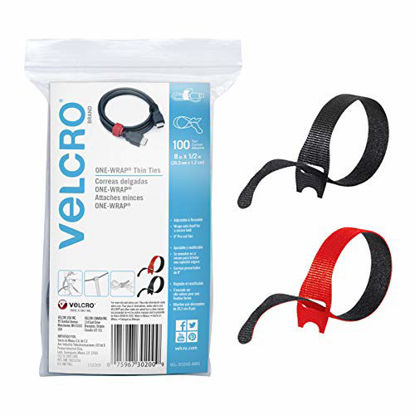 Picture of VELCRO Brand Cable Ties, 100Pk - 8 x 1/2" Red and Black, Reusable Alternative to Zip Ties, ONE-WRAP Thin Pre-Cut Cord Organization Straps, Wire Management for Office or Home, VEL-30200-AMS, Black/Red