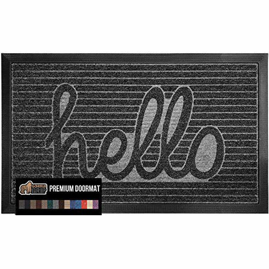 Picture of Gorilla Grip Original Durable Natural Rubber Door Mat, 23x35, Heavy Duty Doormat for Indoor Outdoor, Waterproof, Easy Clean, Low-Profile Rug Mats for Entry, Patio, High Traffic Areas, Charcoal Hello