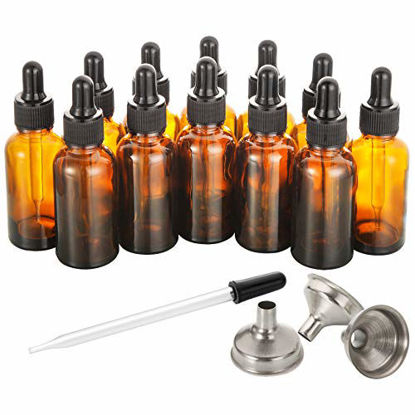 Picture of 12, 1 oz Dropper Bottles for Essential Oils with 3 Stainless Steel Funnels & 1 Long Glass Dropper - 30ml Amber Glass Bottles with Eye Droppers - Tincture Bottles, Leak Proof Travel Bottles for Liquids