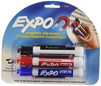Picture of EXPO 81503 Magnetic Low Odor Markers, Chisel Tip, Assorted Colors, 3-Count with Magnetic Clip