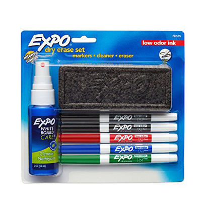Picture of Expo Low Odor Dry Erase Marker Set with White Board Eraser and Cleaner | Fine Tip Dry Erase Markers | Assorted Colors, 7 Piece Set with Whiteboard Cleaner