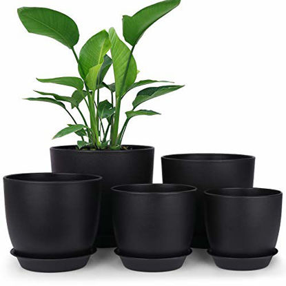 Picture of Plastic Planter, HOMENOTE 7/6/5.5/4.8/4.5 Inch Flower Pot Indoor Modern Decorative Plastic Pots for Plants with Drainage Hole and Tray for All House Plants, Succulents, Flowers, and Cactus, Black