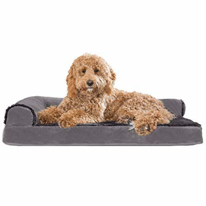Picture of Furhaven Pet Dog Bed - Deluxe Orthopedic Plush Faux Fur and Velvet L Shaped Chaise Lounge Living Room Corner Couch Pet Bed with Removable Cover for Dogs and Cats, Platinum Gray, Large