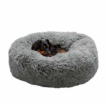 Picture of Furhaven Pet Dog Bed - Round Plush Long Faux Fur Ultra Calming Deep Sleep Soothing Cushion Cuddler Donut Pet Bed with Removable Cover for Dogs and Cats, Gray, Medium