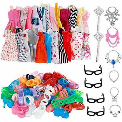 Picture of AMETUS 32 PCS Doll Accessories, 10x Mix Cute Dresses, 10x Shoes, 4X Glasses, 6X Necklaces, 2X Fairy Sticks Dress Clothes for Barbie Doll