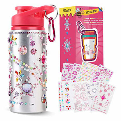 Picture of Beewarm Gift for Girls, Decorate & Personalize Your Own Water Bottles with Tons of Rhinestone Glitter Gem Stickers, Reusable BPA Free 12 oz Kids Water Bottles, Fun DIY Art and Craft for Kid Pink