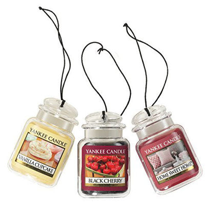 Picture of Yankee Candle Car Jar Ultimate Hanging Air Freshener 3-Pack (Vanilla Cupcake, Black Cherry, and Home Sweet Home)