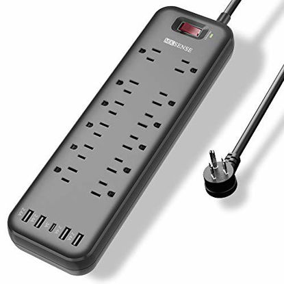 Picture of Power Strip, MKSENSE Surge Protector with 12 Outlets & 4 USB Ports & 1 Type-C Port (5V/3A), 3600 Joules, Angled Flat Plug, Spaced Outlets & ETL Listed Power Outlet for Home Office - Black