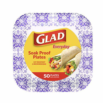 Picture of Glad Square Disposable Paper Plates for All Occasions | Soak Proof, Cut Proof, Microwaveable Heavy Duty Disposable Plates | 8.5" Diameter, 50 Count Bulk Paper Plates